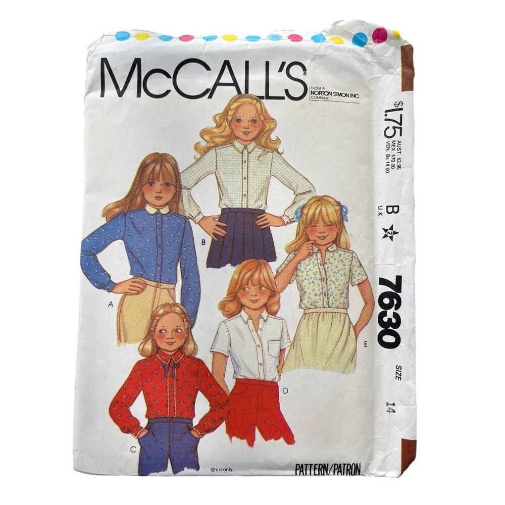 80s McCalls 7630 Girls Shirt Pattern Size 14 Long & Short Sleeve Options UNCUT